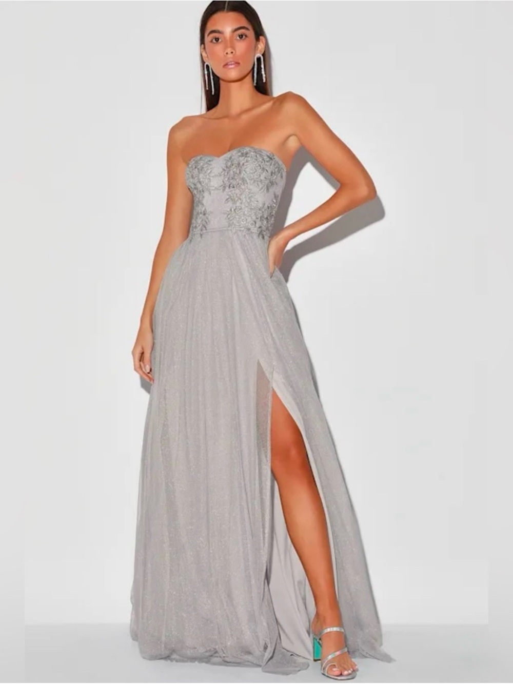 Lulu's Silver Strapless Embellished Evening Gown